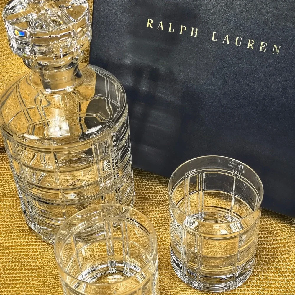 Ralph Lauren Hudson Plaid Crystal Decanter Carafe & 2 Tumbler Glasses Gift Set - Picture 1 of 16